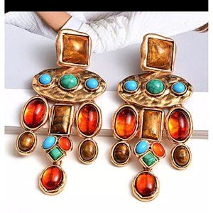 Chunky gold earring chandelier vintage style orange long multicolor statement